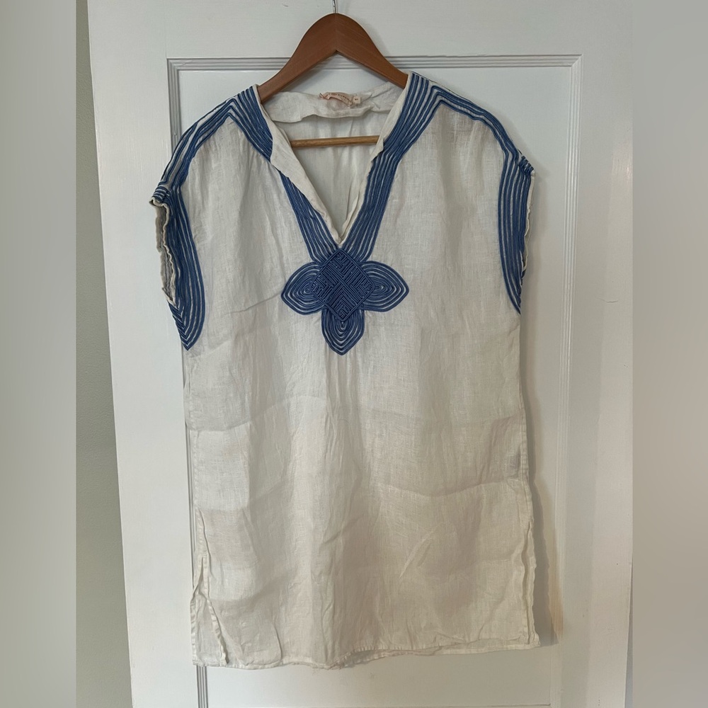 Tory Burch White Tunic with Blue Embroidery